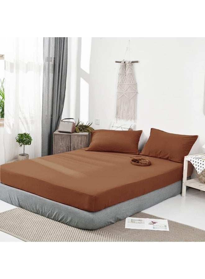 DONEUS Jersey Knit Cotton Fitted Sheet 3 Piece - Ultra Soft, Wrinkle Free and Breathable, 15 Inches Deep Pocket Elastic Sheets with 2 Pillowcases, Solid Burnt Orange Queen - Image 2